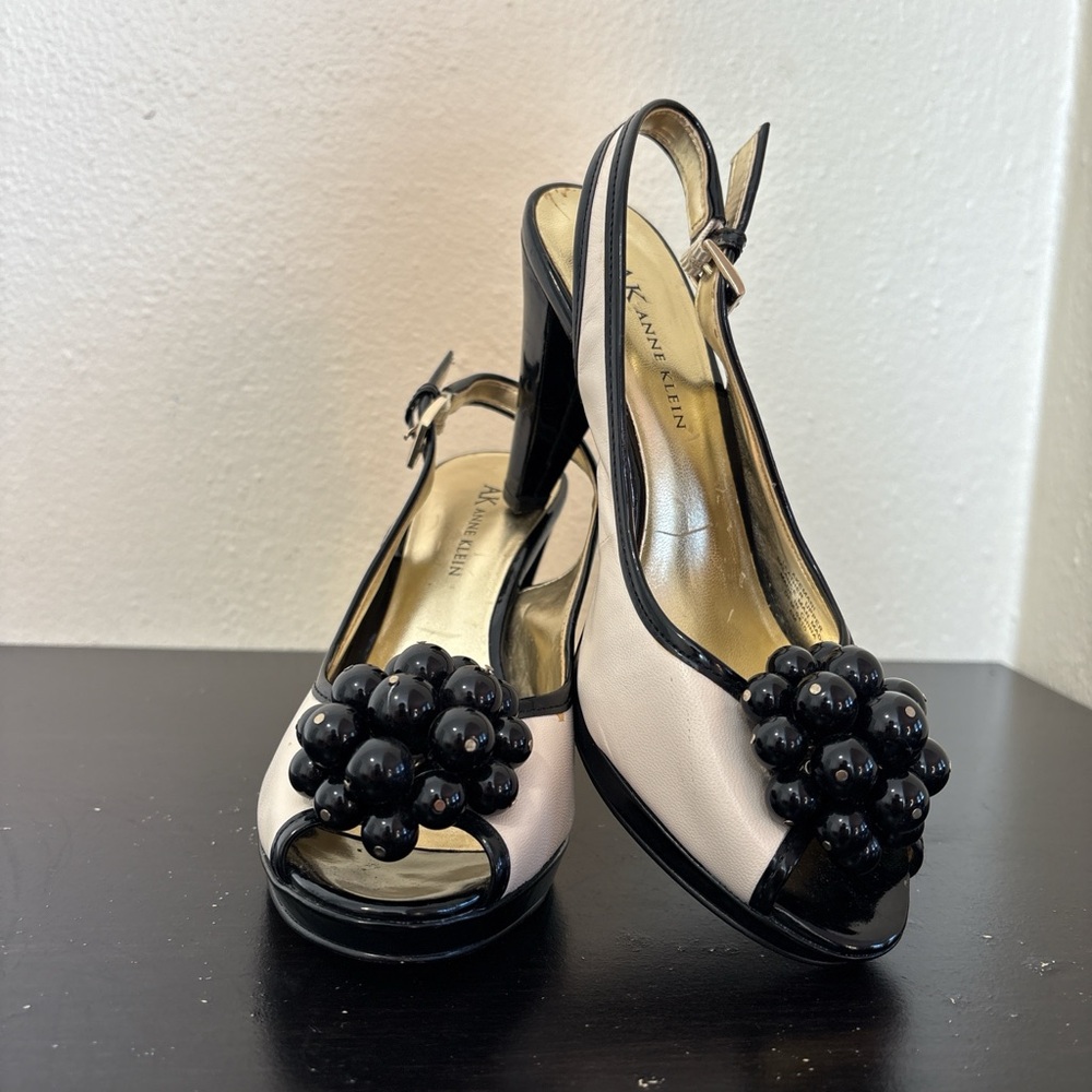 Anne Klein Black and Cream Peep-Toe Heels
